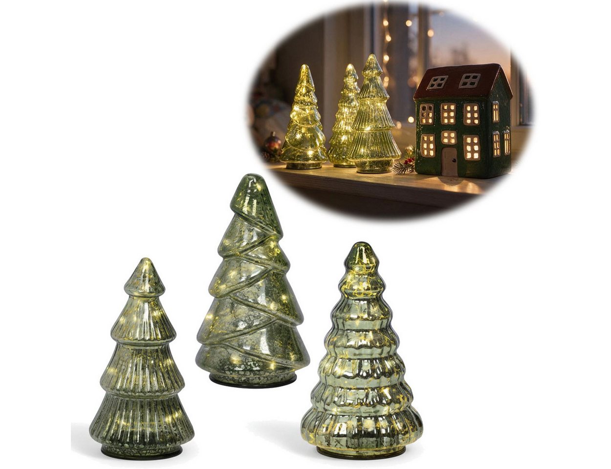 LS-LebenStil Lichterkette 3 Glas Tannenbaum 8 LED 15cm Grün Set Weihnachtsbaum Beleuchtet Timer, 8-flammig, Xmas Dekolicht Fensterdekoration Weihnachtsbeleuchtung Weihnachtsdeko Bild 2