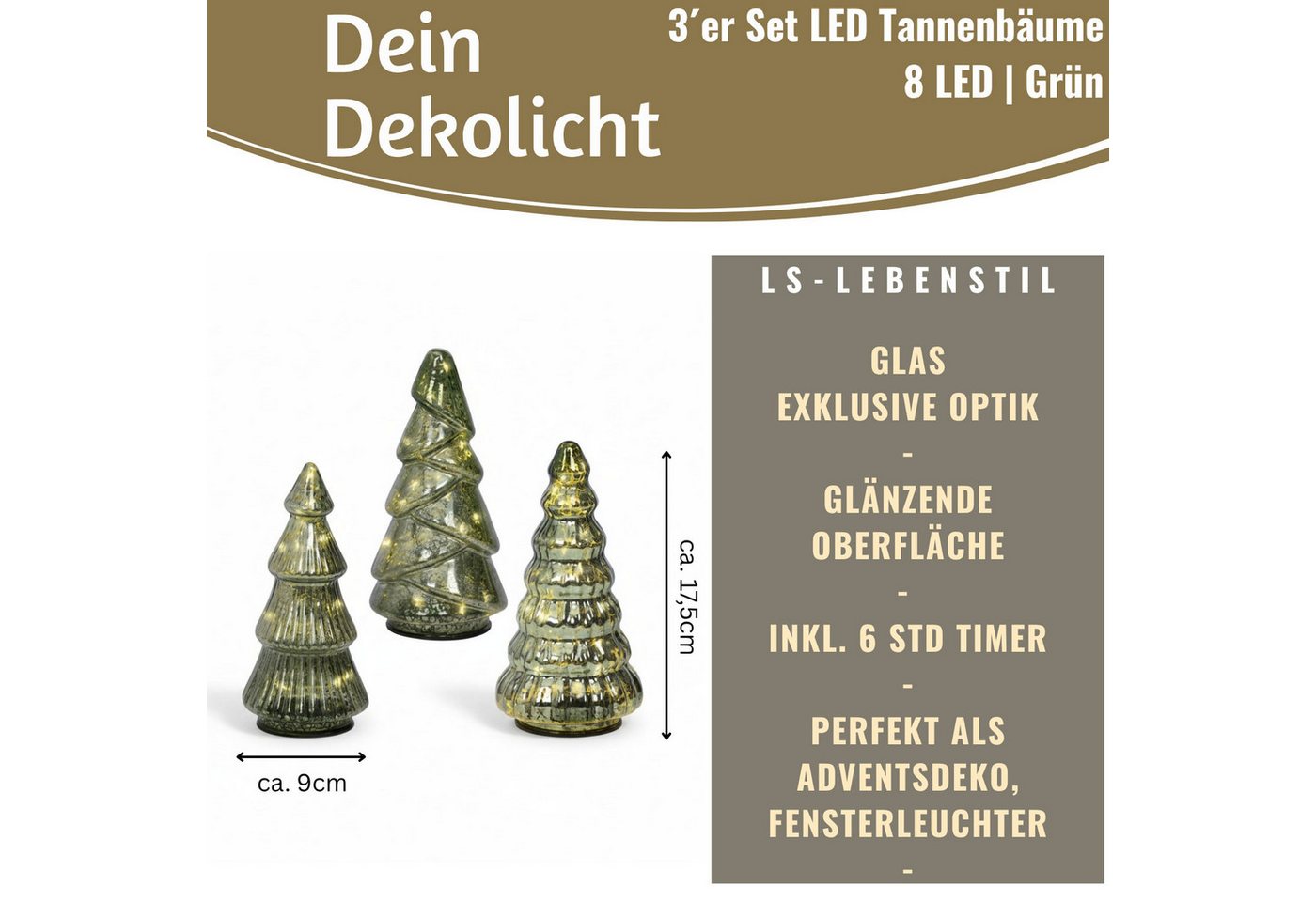 LS-LebenStil Lichterkette 3 Glas Tannenbaum 8 LED 15cm Grün Set Weihnachtsbaum Beleuchtet Timer, 8-flammig, Xmas Dekolicht Fensterdekoration Weihnachtsbeleuchtung Weihnachtsdeko Bild 3