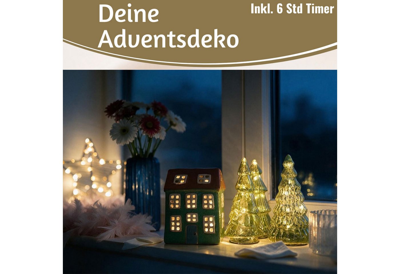 LS-LebenStil Lichterkette 3 Glas Tannenbaum 8 LED 15cm Grün Set Weihnachtsbaum Beleuchtet Timer, 8-flammig, Xmas Dekolicht Fensterdekoration Weihnachtsbeleuchtung Weihnachtsdeko Bild 5