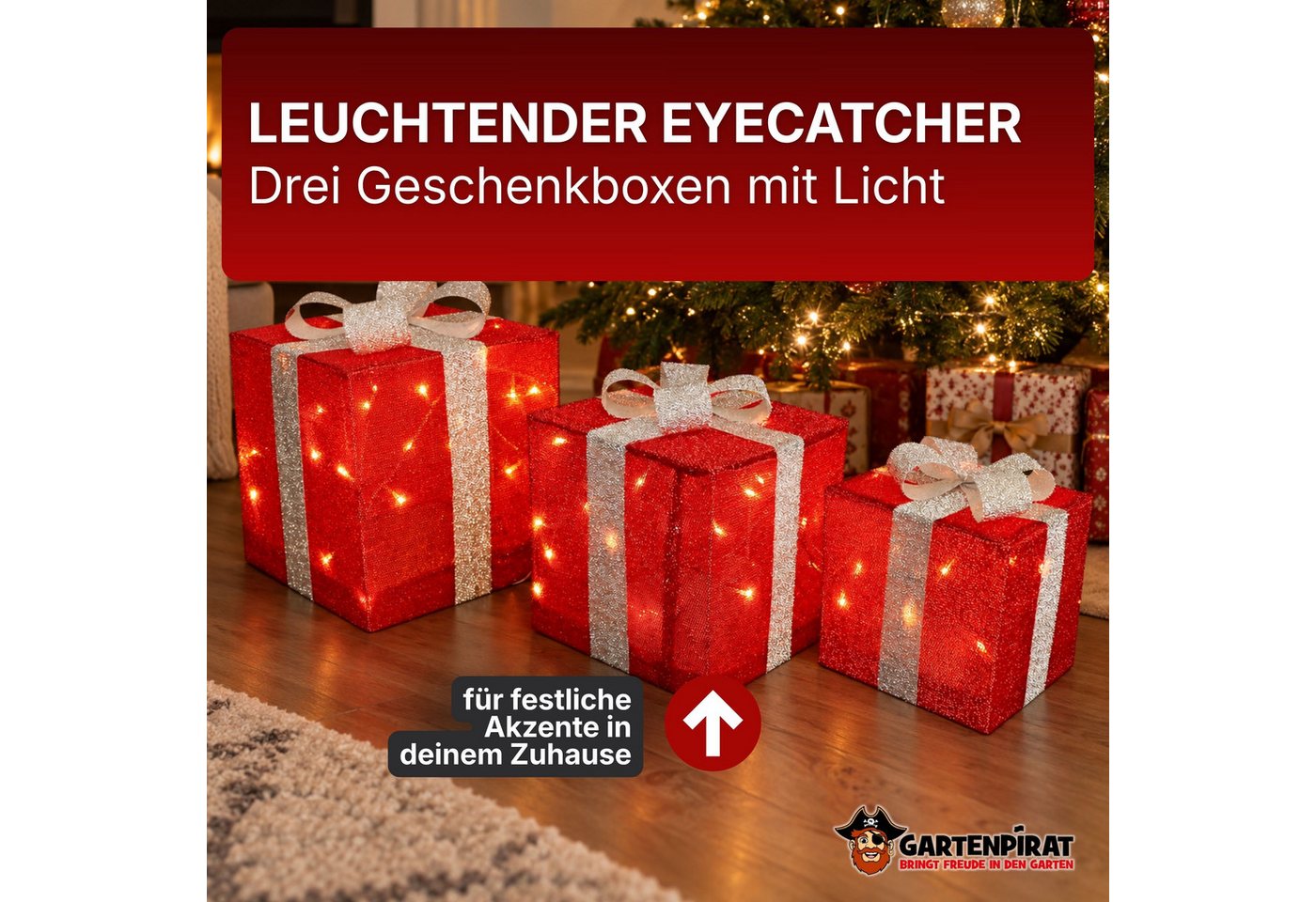 Gartenpirat LED Dekofigur Geschenkboxen mit Schleife 3er-Set Weihnachtsdeko außen innen Timer, Warmweiß/Rot, Timer-und Schalter-Funktion: Schalter mit 3 Funktionen (ON/OFF/TIMER)