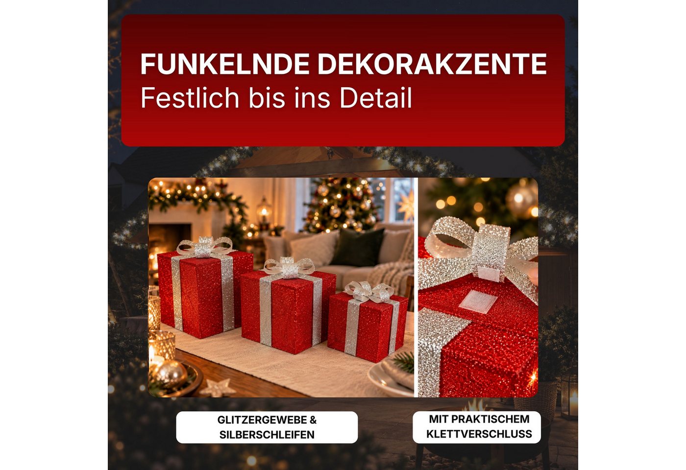 Gartenpirat LED Dekofigur Geschenkboxen mit Schleife 3er-Set Weihnachtsdeko außen innen Timer, Warmweiß/Rot, Timer-und Schalter-Funktion: Schalter mit 3 Funktionen (ON/OFF/TIMER) Bild 2