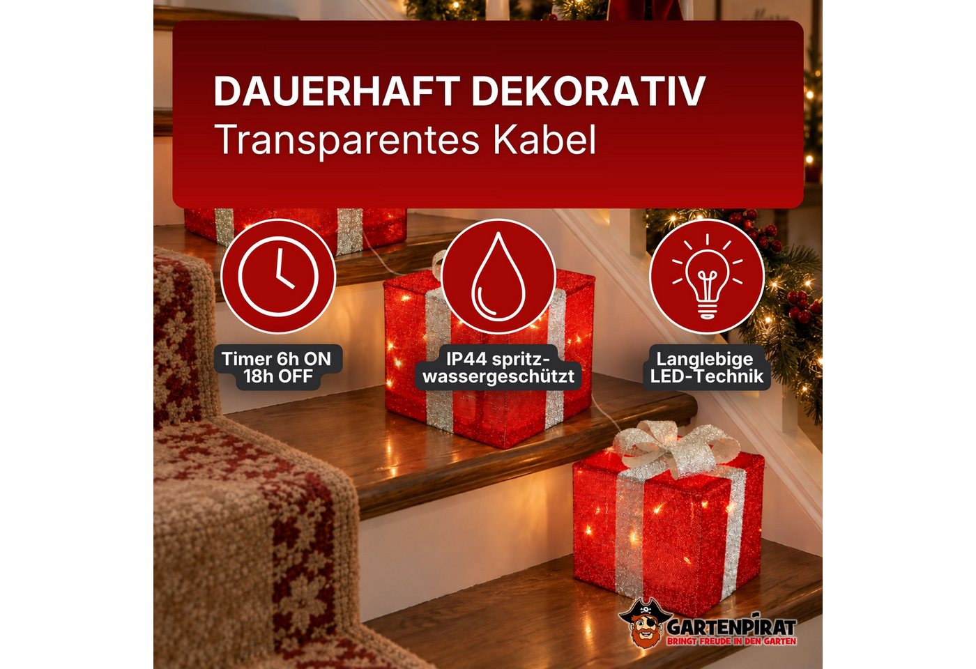 Gartenpirat LED Dekofigur Geschenkboxen mit Schleife 3er-Set Weihnachtsdeko außen innen Timer, Warmweiß/Rot, Timer-und Schalter-Funktion: Schalter mit 3 Funktionen (ON/OFF/TIMER) Bild 3