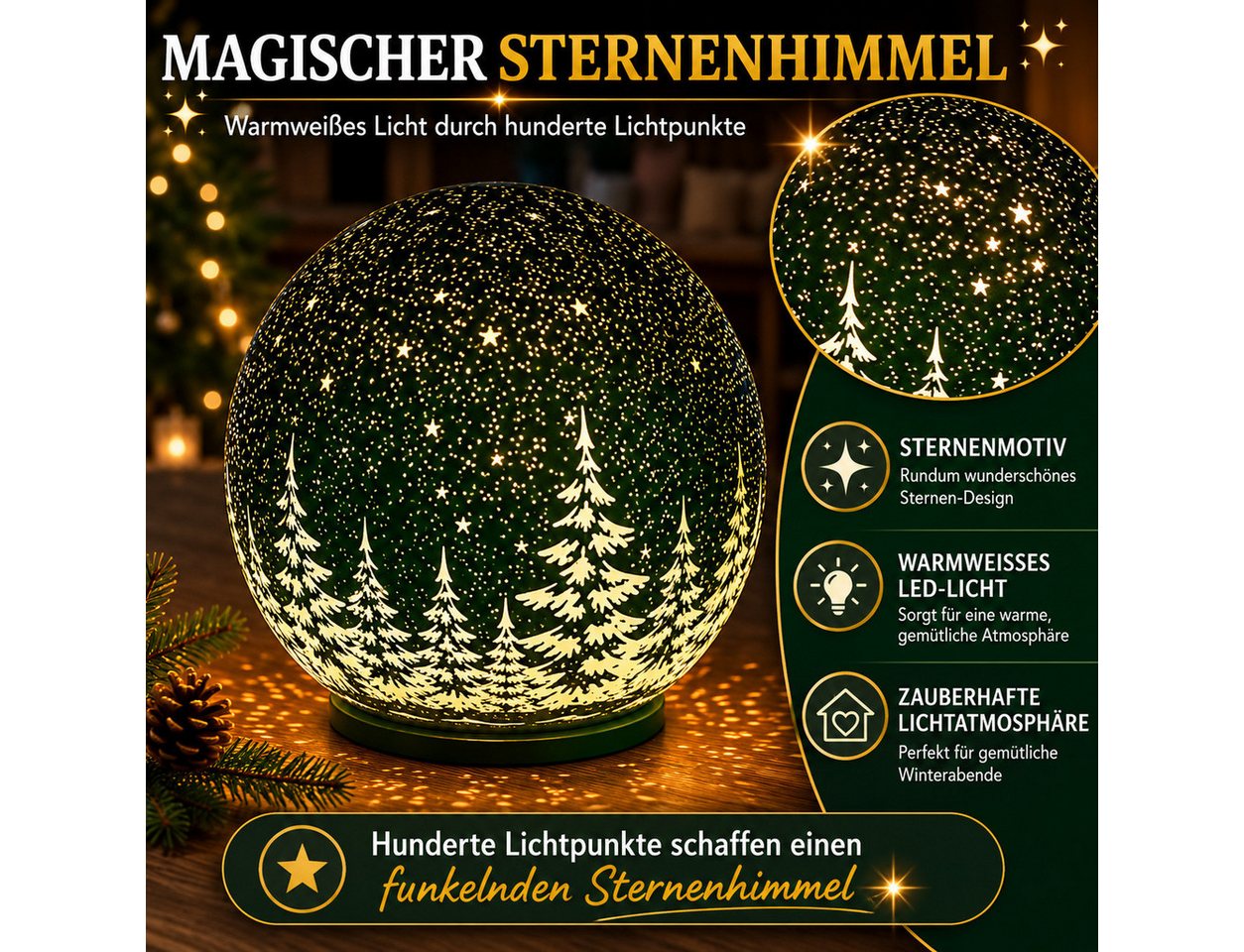 formano LED Dekolicht LED Deko Kugel 12 cm Grün Timer 6/18h Sternendekor warmweißem Licht, LED fest integriert Bild 4