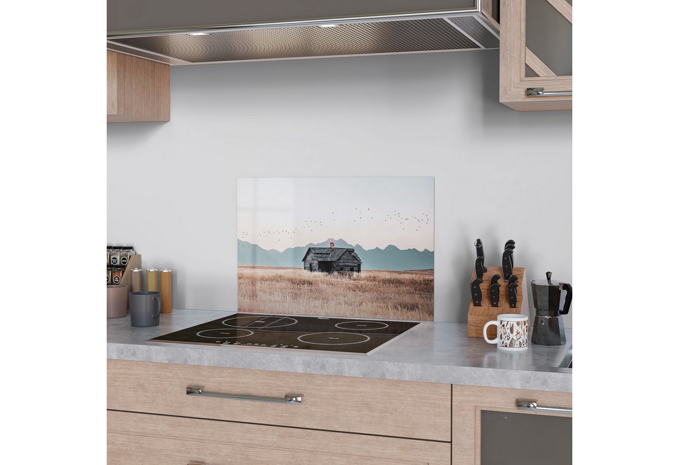 DEQORI Küchenrückwand 'Stille Feldhütte', Glas Spritzschutz Badrückwand Herdblende Bild 2