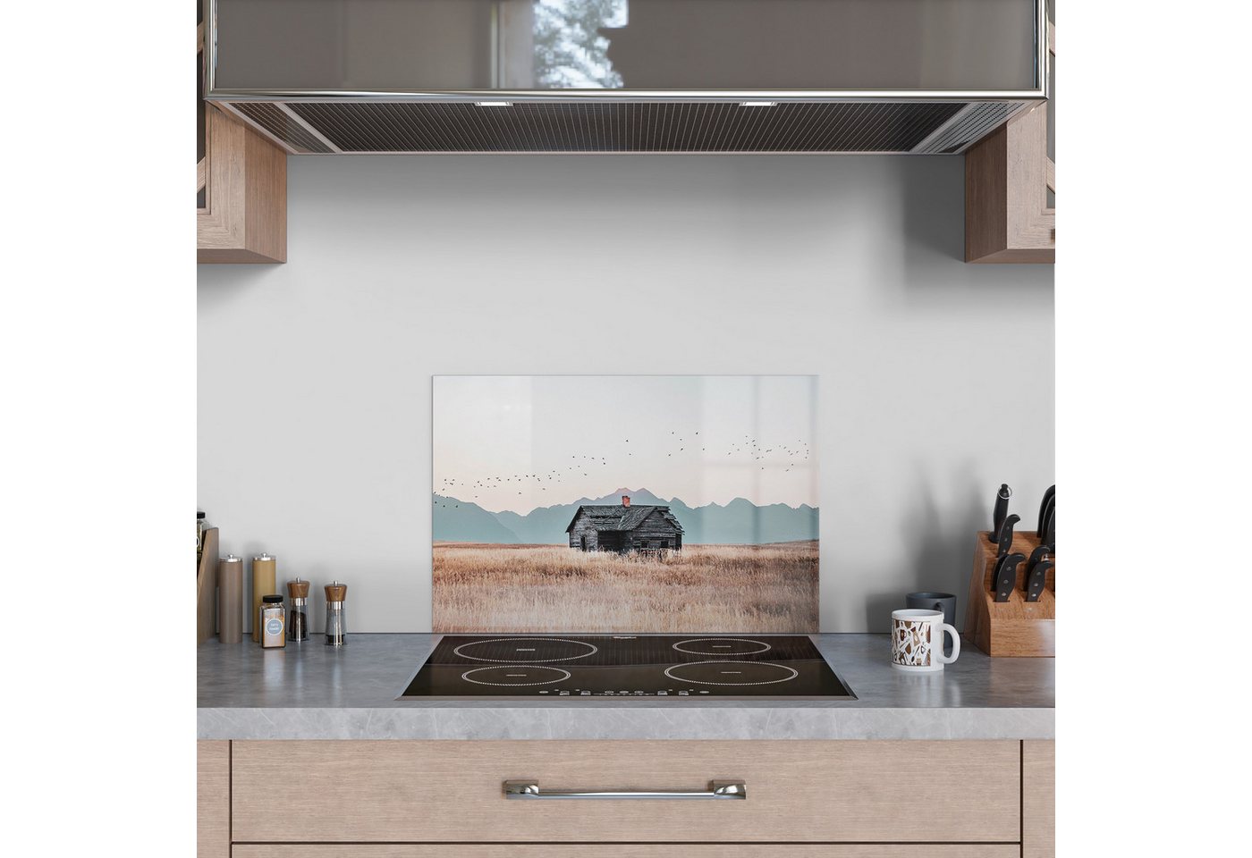DEQORI Küchenrückwand 'Stille Feldhütte', Glas Spritzschutz Badrückwand Herdblende Bild 5