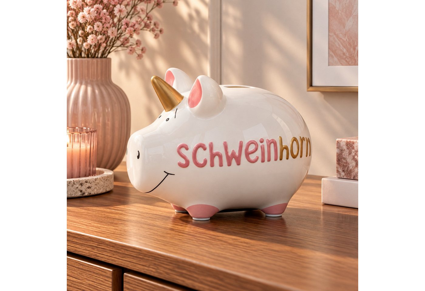 matches21 HOME & HOBBY Bilderrahmen Lustige Spardose Sparschwein Schwein-Horn bunt 12,5 cm, Keramik Kinder Erwachsenen Sparbüchse - Gummistopfen zum Öffnen Bild 2