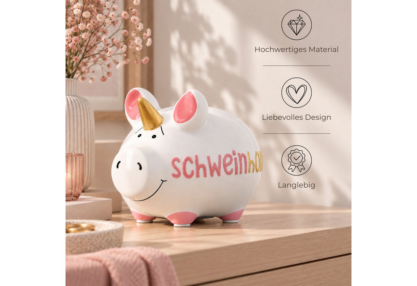 matches21 HOME & HOBBY Bilderrahmen Lustige Spardose Sparschwein Schwein-Horn bunt 12,5 cm, Keramik Kinder Erwachsenen Sparbüchse - Gummistopfen zum Öffnen Bild 3