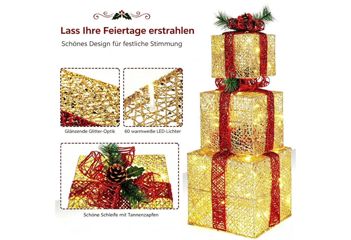 VINGLI LED Dekolicht 3er Set LED Geschenkboxen für Innen & Außen, 60 LED - Gold, mit Stecker, wetterfeste & stapelbar, warmweiß, Schleife, Gold