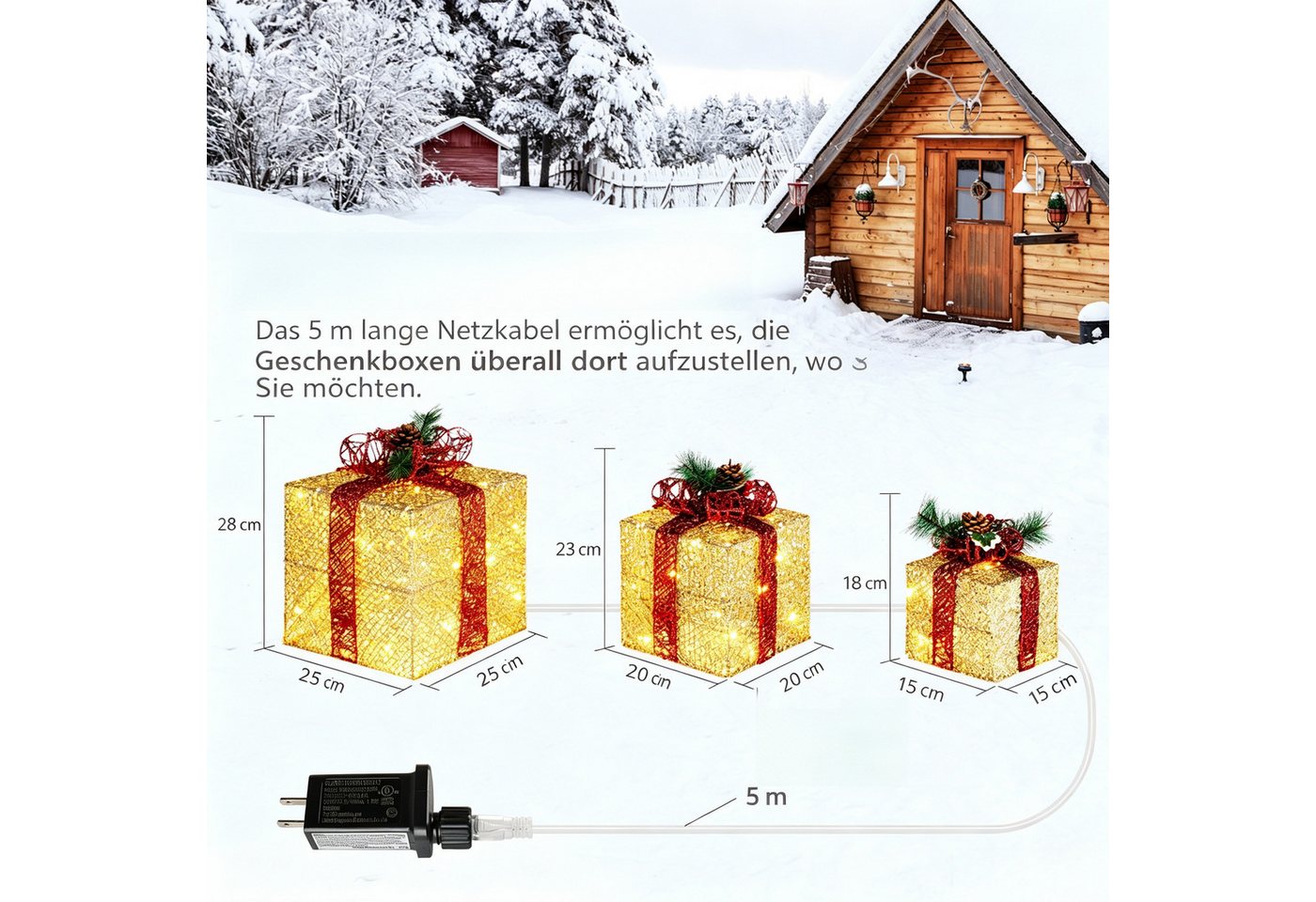 VINGLI LED Dekolicht 3er Set LED Geschenkboxen für Innen & Außen, 60 LED - Gold, mit Stecker, wetterfeste & stapelbar, warmweiß, Schleife, Gold Bild 2
