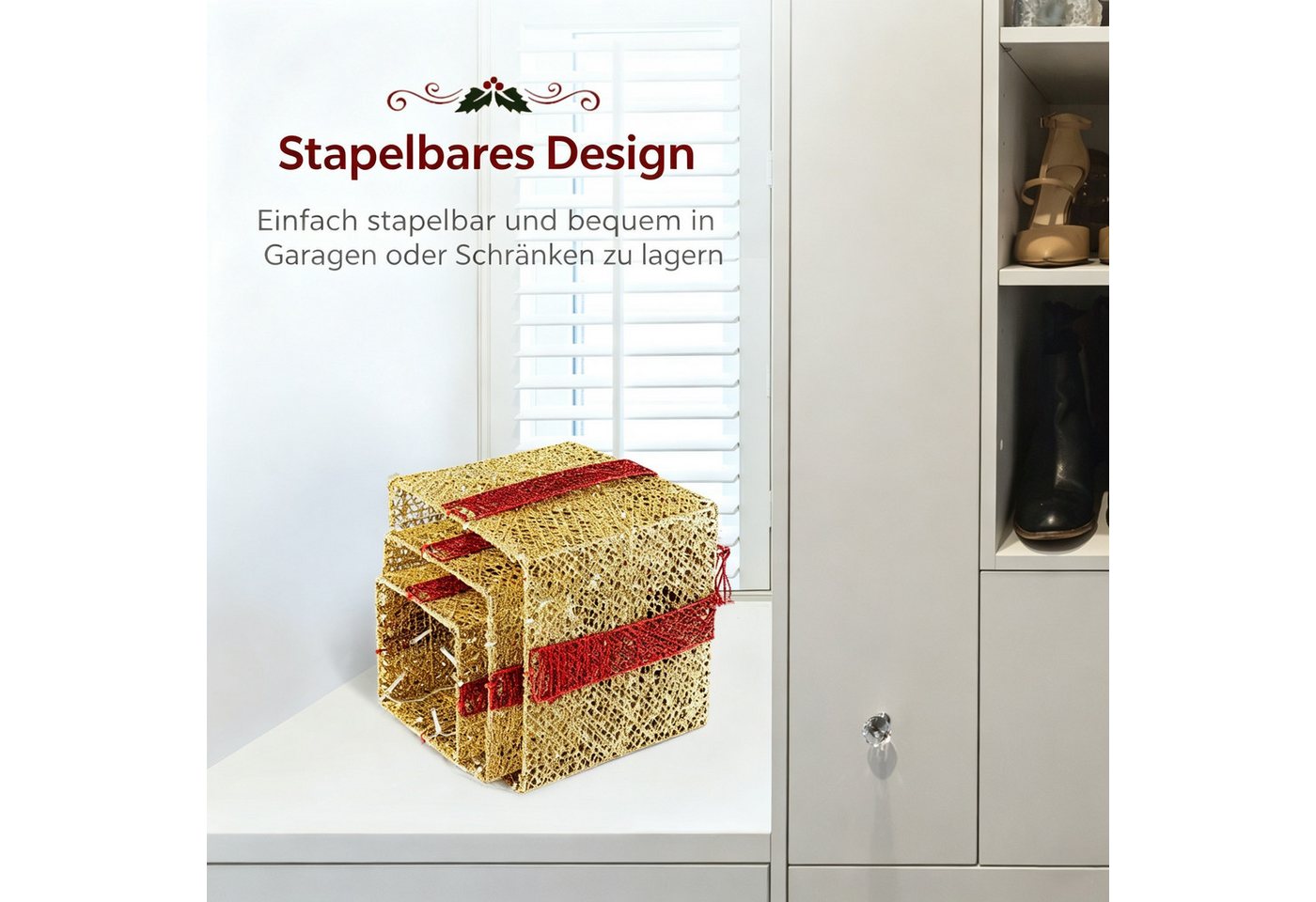 VINGLI LED Dekolicht 3er Set LED Geschenkboxen für Innen & Außen, 60 LED - Gold, mit Stecker, wetterfeste & stapelbar, warmweiß, Schleife, Gold Bild 3