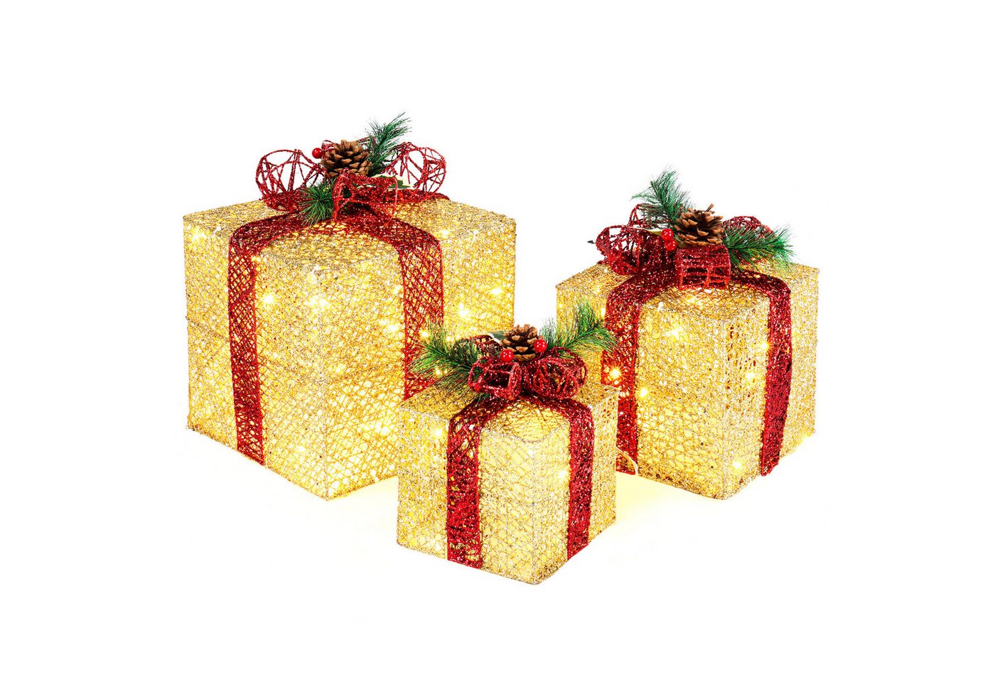 VINGLI LED Dekolicht 3er Set LED Geschenkboxen für Innen & Außen, 60 LED - Gold, mit Stecker, wetterfeste & stapelbar, warmweiß, Schleife, Gold Bild 4