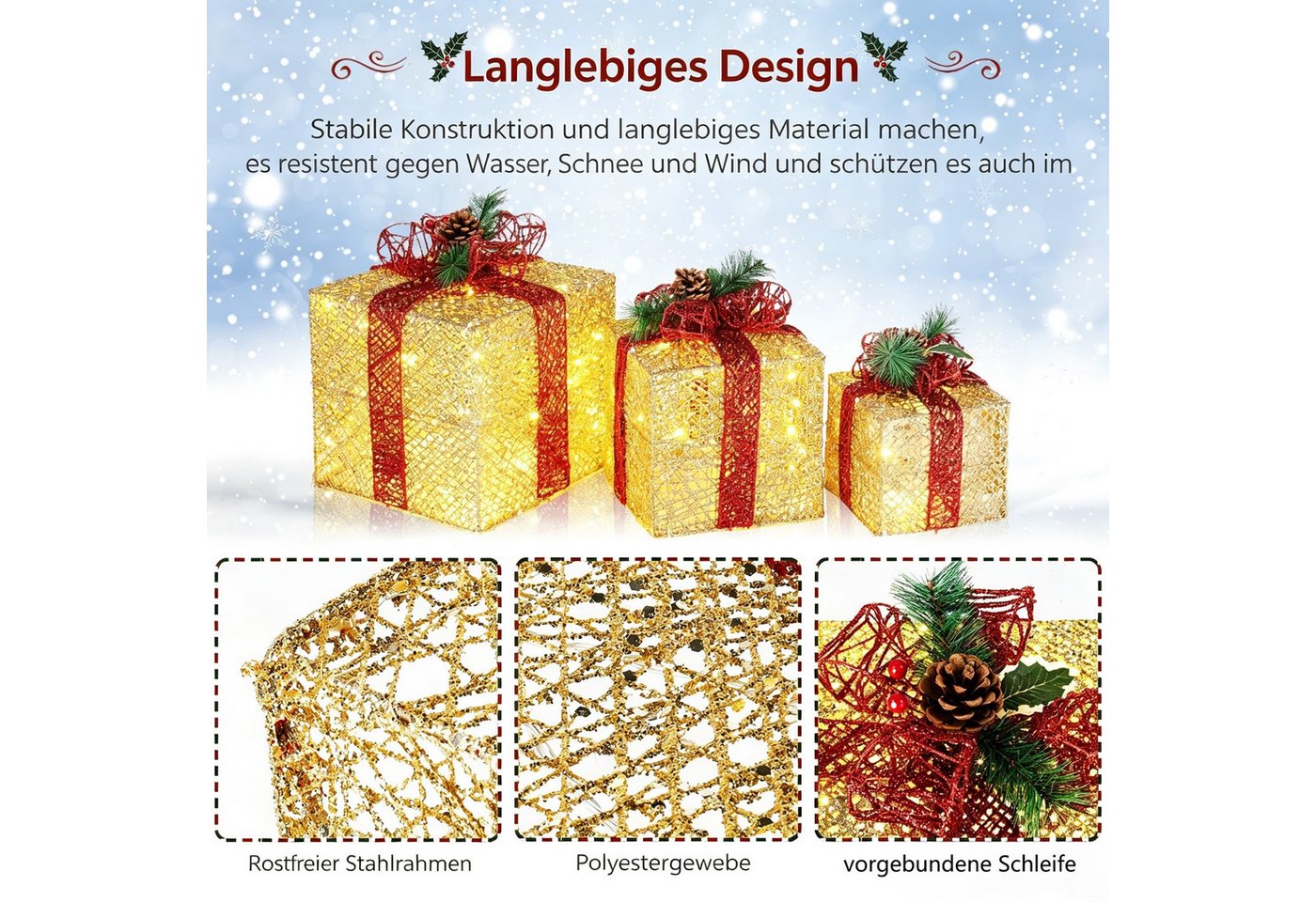 VINGLI LED Dekolicht 3er Set LED Geschenkboxen für Innen & Außen, 60 LED - Gold, mit Stecker, wetterfeste & stapelbar, warmweiß, Schleife, Gold Bild 5
