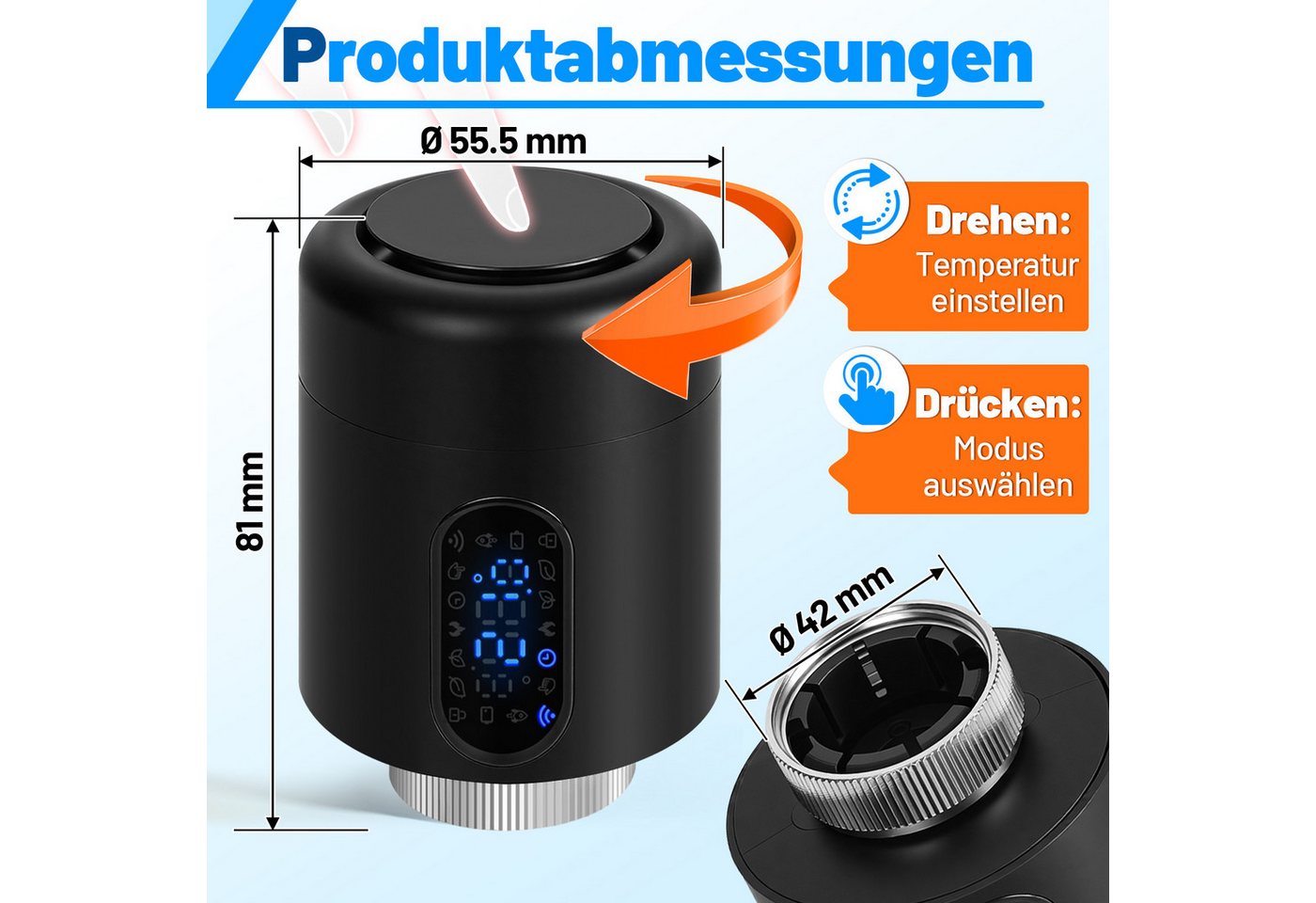 Clanmacy Heizkörperthermostat Smartes Thermostat WiFi, App-Steuerung, Smart Life/Tuya, Schwarz, 1er, (7 St)