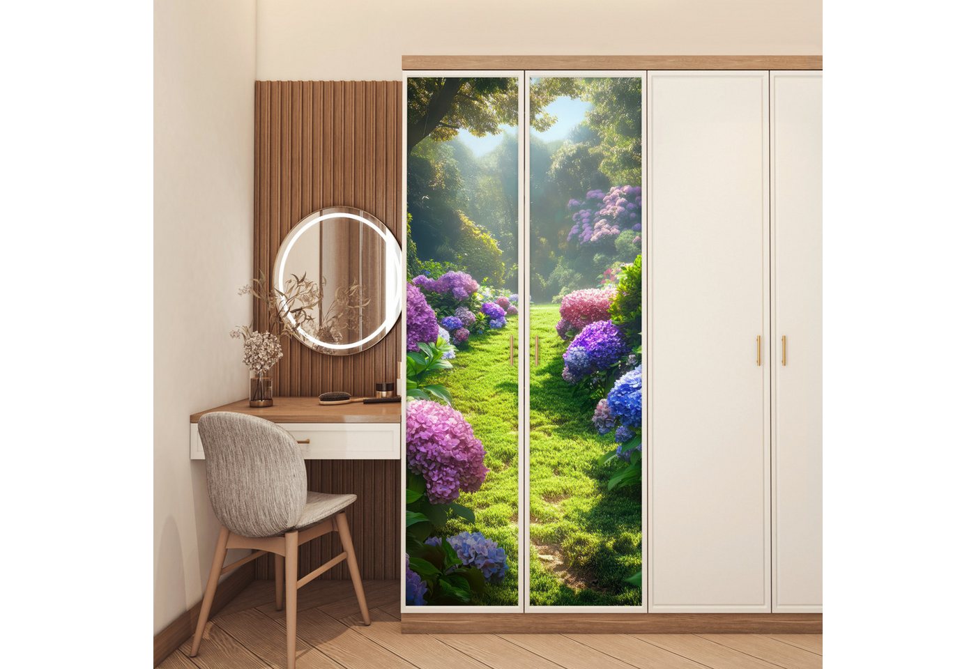 MuchoWow Türtapete Natur - Hortensie - Blumen - Grün, Matt, bedruckt, (1 St), Selbstklebende Tapete, Folie für Möbel, 75x205 cm