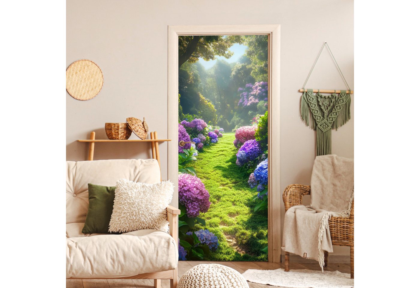 MuchoWow Türtapete Natur - Hortensie - Blumen - Grün, Matt, bedruckt, (1 St), Selbstklebende Tapete, Folie für Möbel, 75x205 cm Bild 2