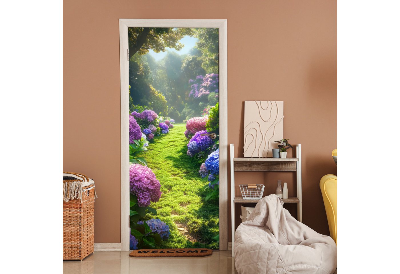 MuchoWow Türtapete Natur - Hortensie - Blumen - Grün, Matt, bedruckt, (1 St), Selbstklebende Tapete, Folie für Möbel, 75x205 cm Bild 5