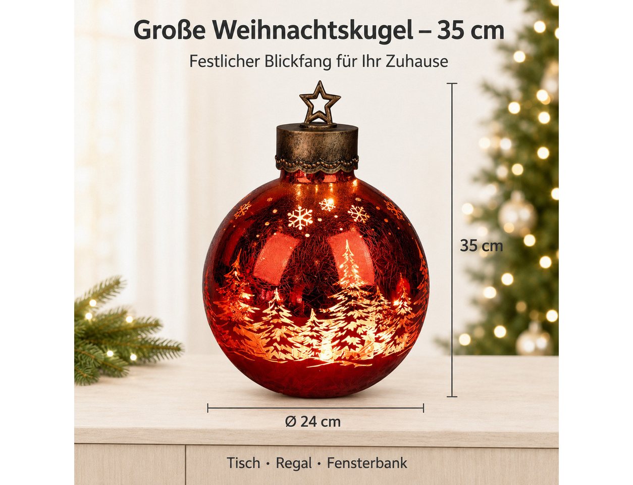 formano Dekolicht XXL Glas-Kugel Frosty Rot 35 cm Timer 6h/18h Weihnachten Herbst Deko, LED fest integriert