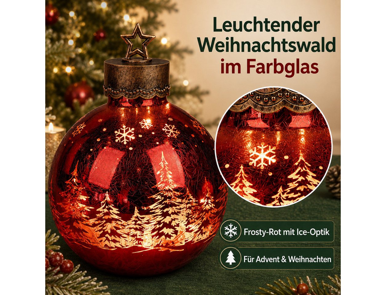 formano Dekolicht XXL Glas-Kugel Frosty Rot 35 cm Timer 6h/18h Weihnachten Herbst Deko, LED fest integriert Bild 4