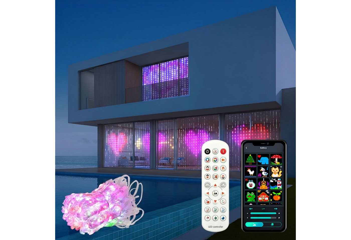PRIISF LED-Lichtervorhang LED Vorhang RGB Smart Lichterkette Gardine Lichtervorhang Fadenvorhang, LED Vorhangschnur DIY Lichtmuster für Weihnachten Halloween Party Deko Bild 3