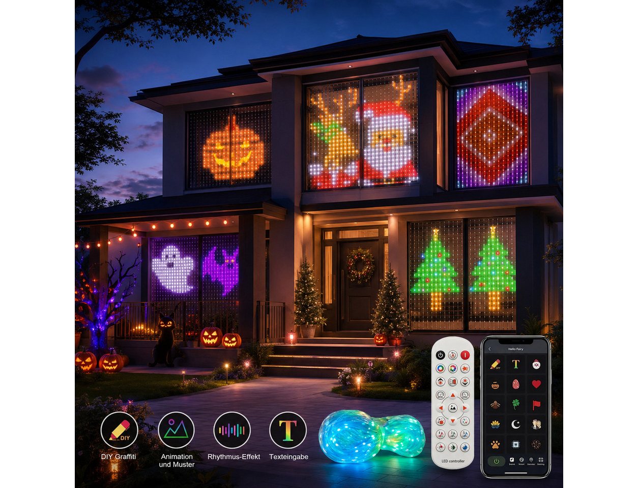 PRIISF LED-Lichtervorhang LED Vorhang RGB Smart Lichterkette Gardine Lichtervorhang Fadenvorhang, LED Vorhangschnur DIY Lichtmuster für Weihnachten Halloween Party Deko Bild 4