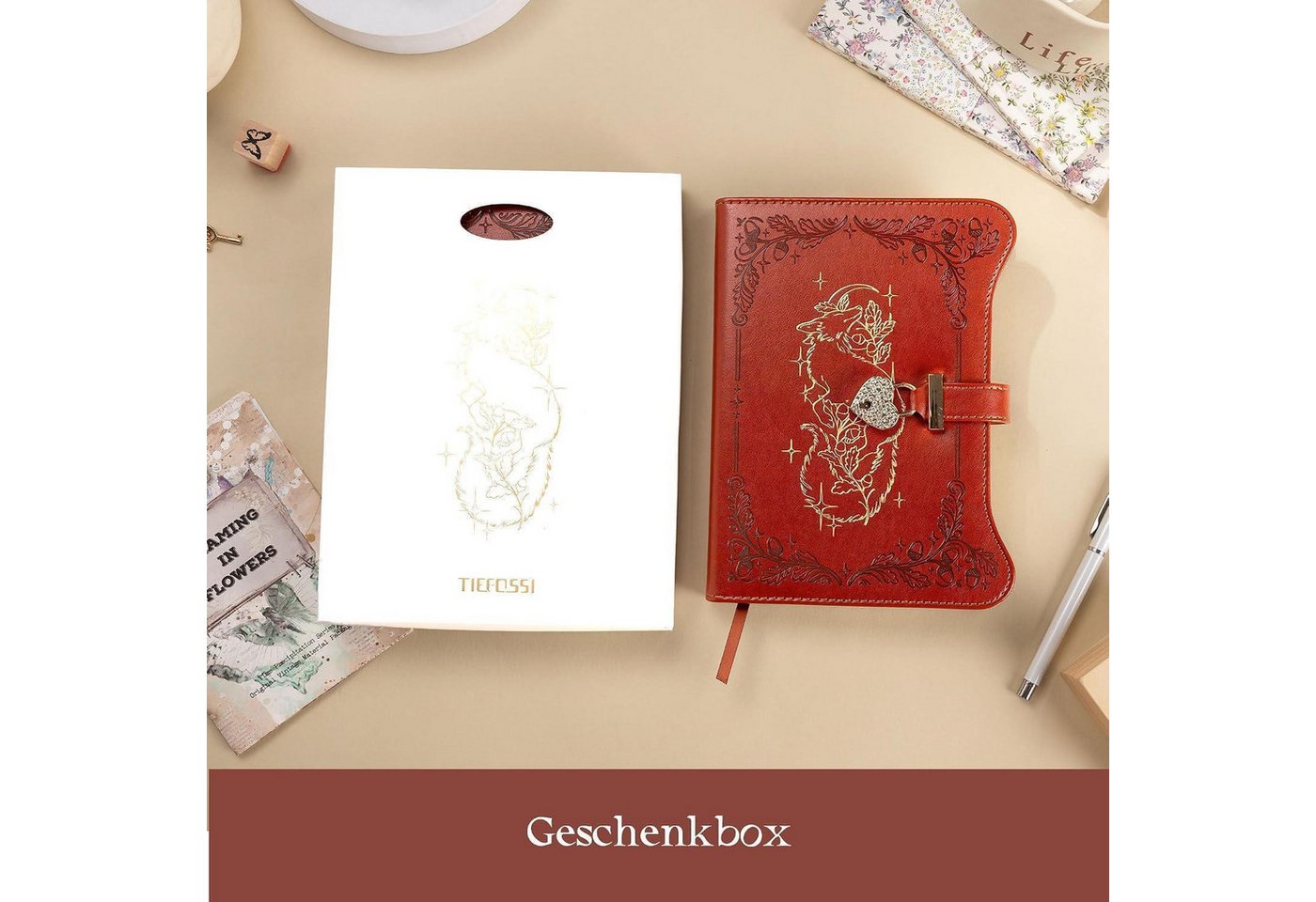 LuxusKollektion Tagebuch A5 Notizbuch Schloss Fuchs Braun in Lederoptik Bild 5