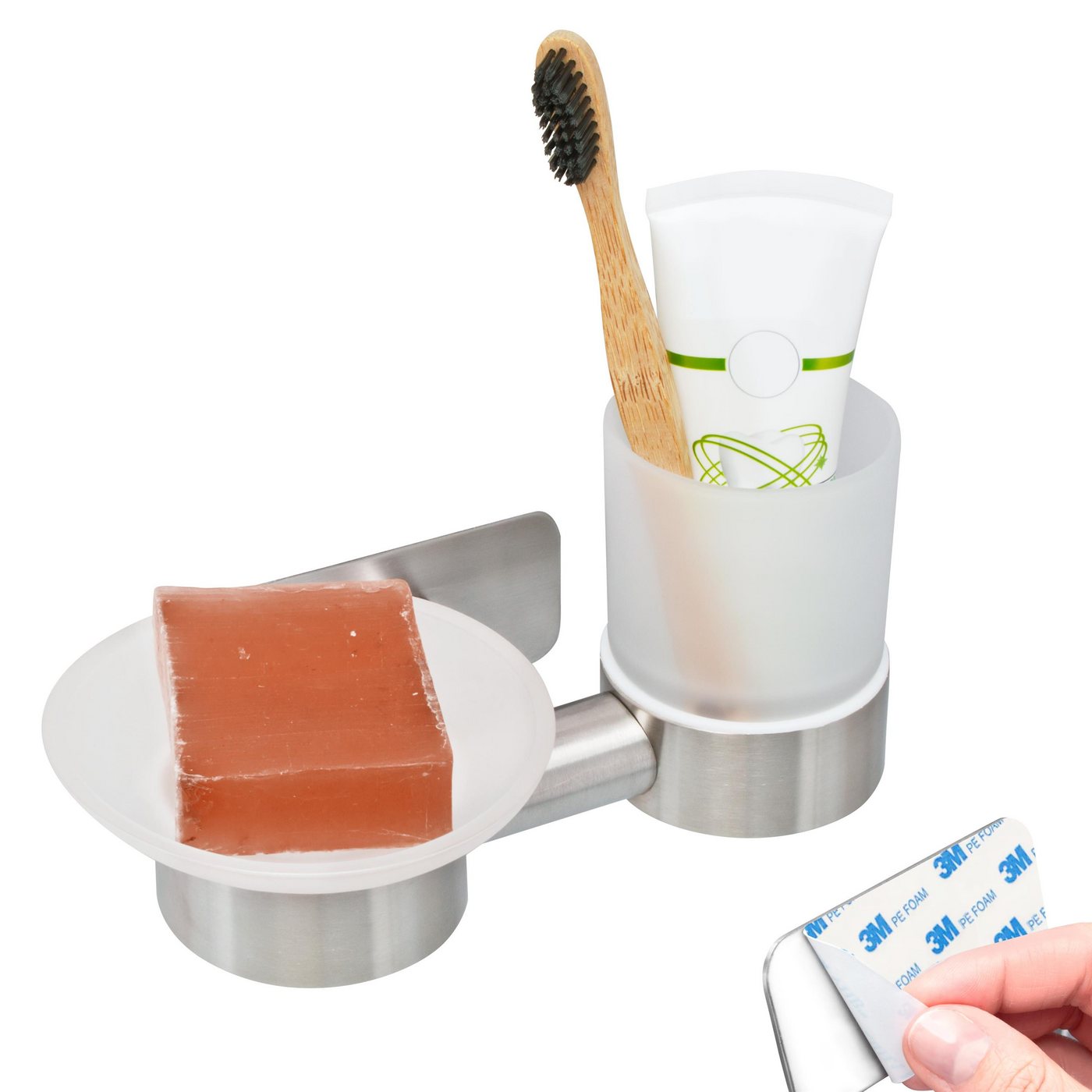 bremermann Seifenschale Bad-Serie PIAZZA TAPE - Wandhalter mit Klebepad, Breite: 20 cm, 1-St., Doppelhalter: 1x Seifenschale 1x Zahnputzbecher