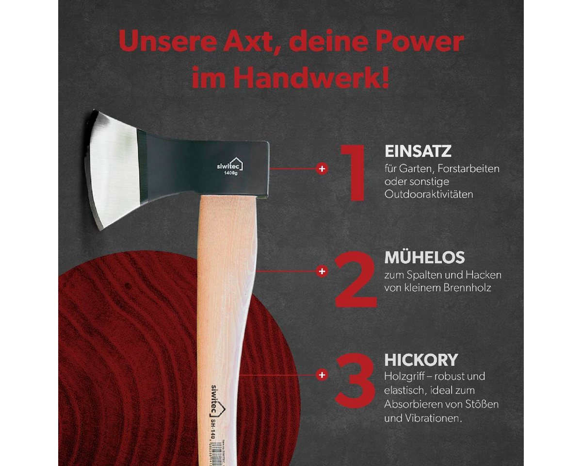 siwitec Axt Holzaxt SH-140, 1400 Gramm Kopfgewicht, 2270 g, (Unterschiedliche Kopfgewichte), GS-Zeritfizierung für maximale Arbeitssicherheit, Universalaxt