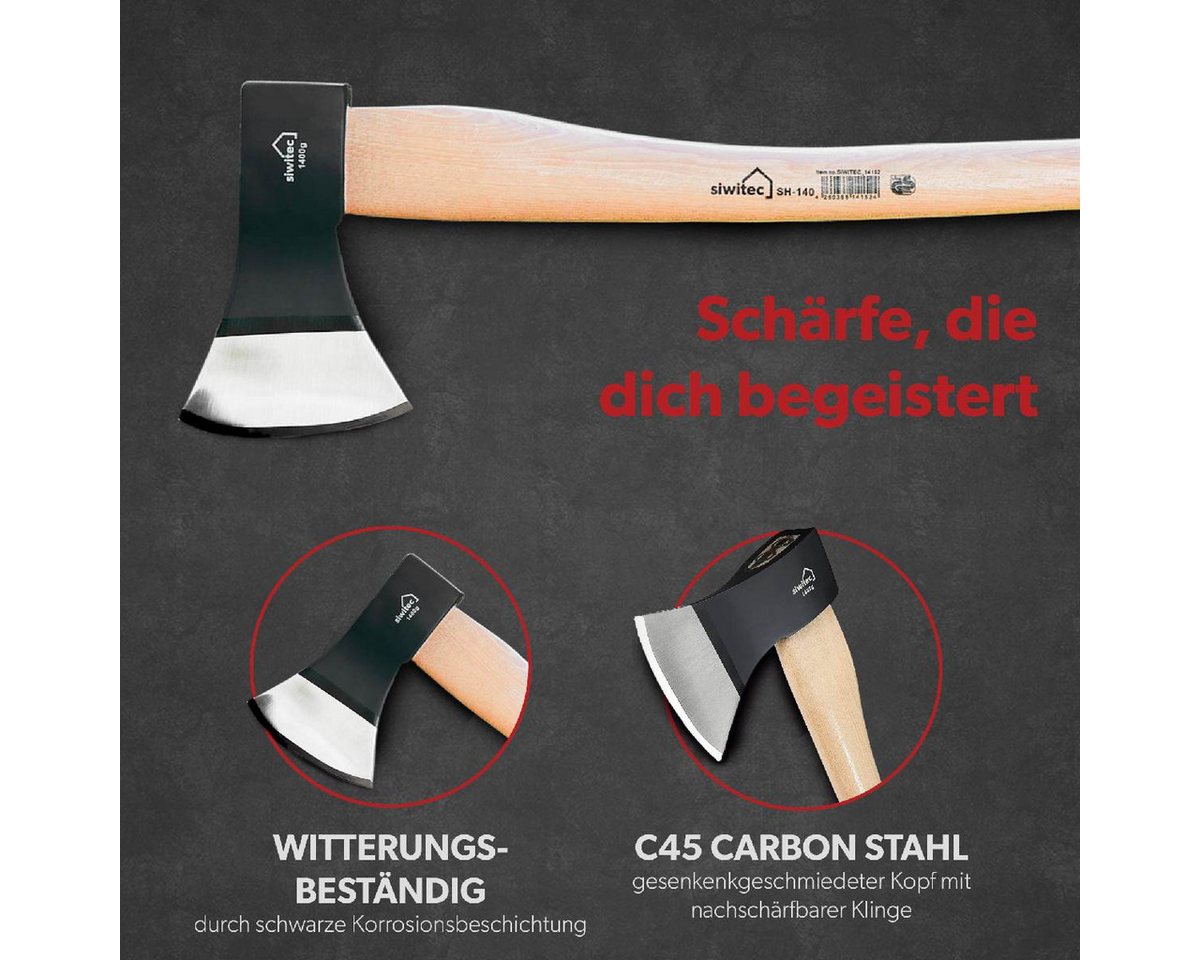 siwitec Axt Holzaxt SH-140, 1400 Gramm Kopfgewicht, 2270 g, (Unterschiedliche Kopfgewichte), GS-Zeritfizierung für maximale Arbeitssicherheit, Universalaxt Bild 5