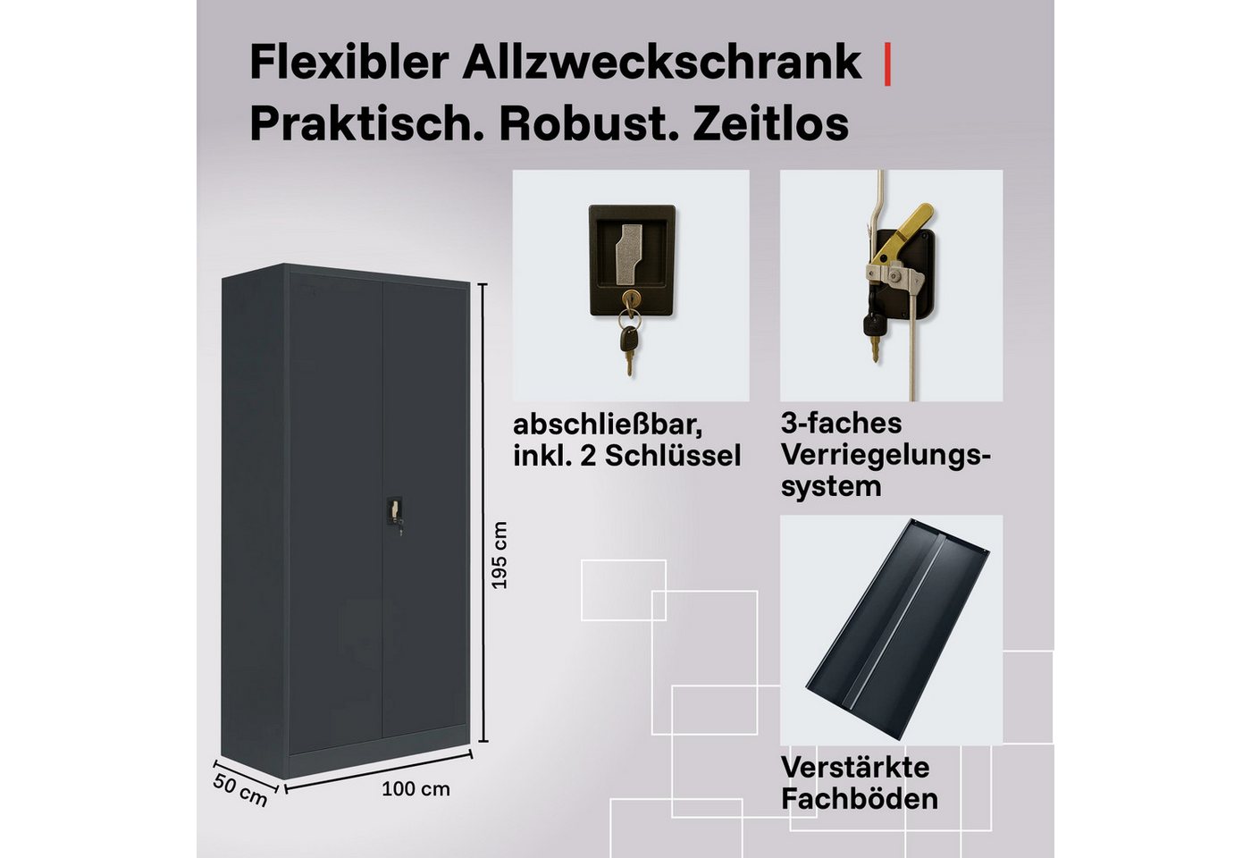 LagerZwei Aktenschrank Stahlschrank 195x100x50 cm (Packung, 4-St., 4er-Set) 3-fach verriegelt, 4 Böden, bis 60 Ordner, Flügeltüren 130° Bild 4
