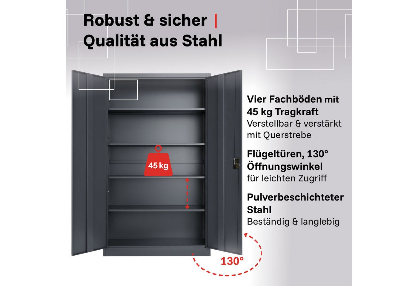 LagerZwei Aktenschrank Stahlschrank 195x100x50 cm (Packung, 4-St., 4er-Set) 3-fach verriegelt, 4 Böden, bis 60 Ordner, Flügeltüren 130° Bild 5