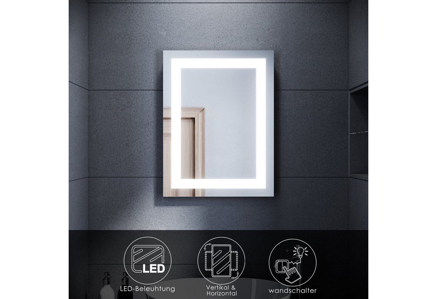 SONNI Badspiegel Badspiegel mit Beleuchtung 60 x 50cm LED Badpiegel Lichtspiegel, Kupfer bleifreie Wandspiegel Badezimmerspiegel kaltweiß IP44 Bild 5