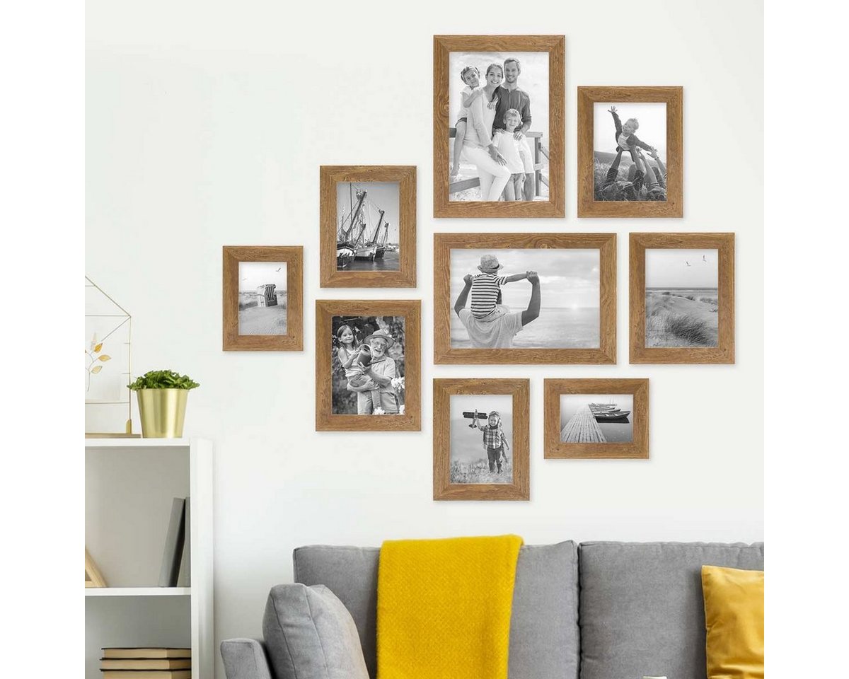 PHOTOLINI Bilderrahmen 9er Set Strandhaus Rustikal 10x15 bis 20x30 cm Natur Massivholz