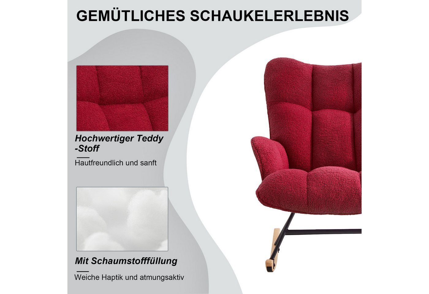 Aunekiv Schaukelstuhl moderner Relaxsessel mit Hochlehner, Neigung 90–105° (1 St), Teddyplüsch, Tragfähigkeit 150 kg Bild 5