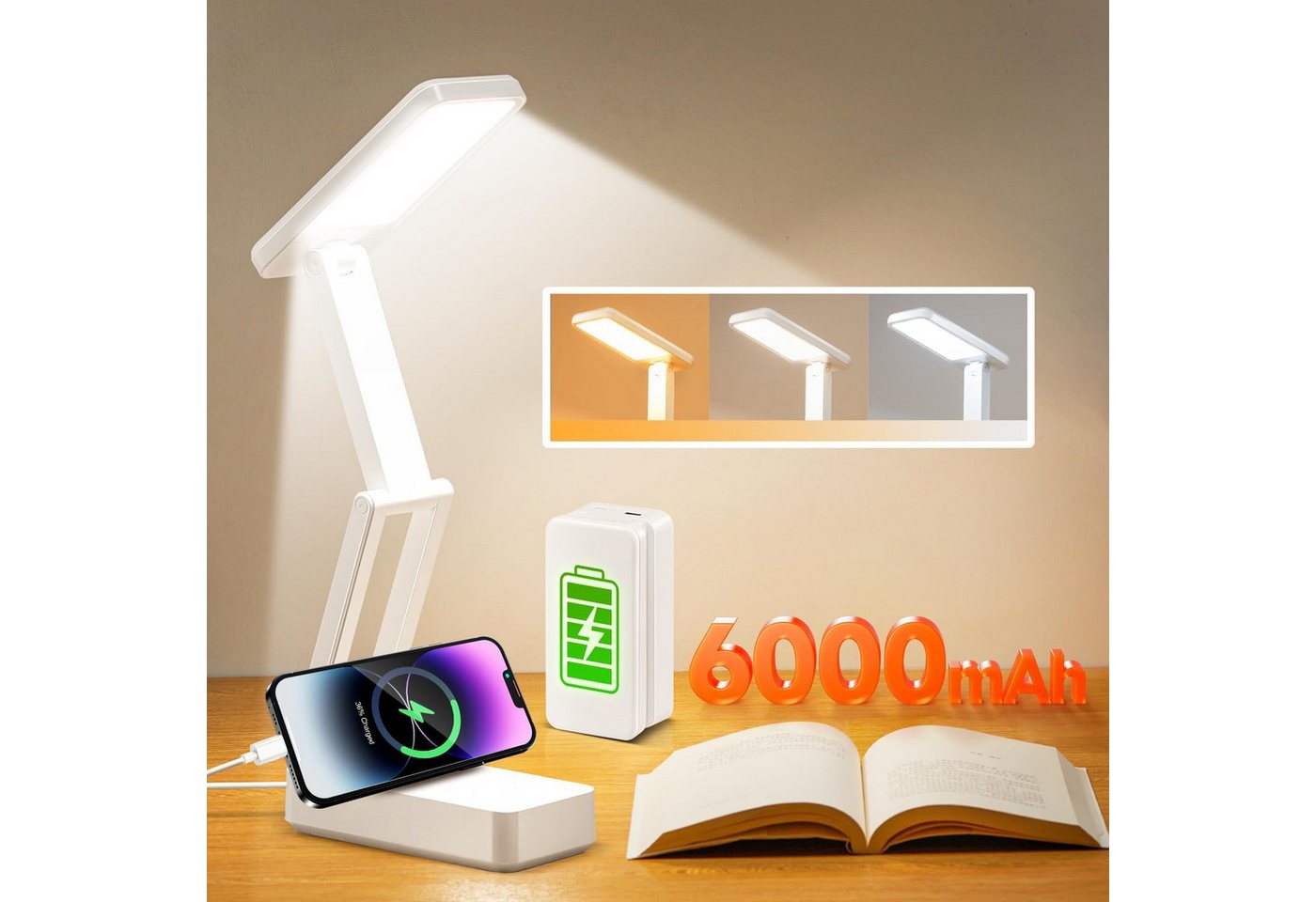 Vivitar LED Nachttischlampe Kabellose faltbare Schreibtischlampe dimmbar mit 3 Lichtfarben, das beste Geschenk für Kinder, Familie und Freunde, dimmbar mit 3 Lichtfarben: Warm, neutral, kühl, 45-Minuten-Timer, Licht-Speicherfunktion, tragbare LED-Leselampe/Nachttischlampe, wiederaufladbare mobile Lampe, für drinnen und draußen