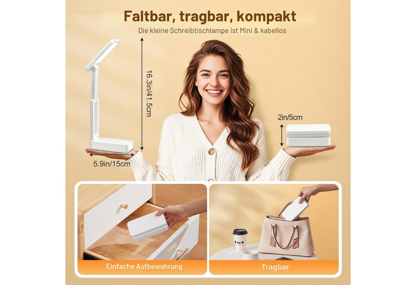 Vivitar LED Nachttischlampe Kabellose faltbare Schreibtischlampe dimmbar mit 3 Lichtfarben, das beste Geschenk für Kinder, Familie und Freunde, dimmbar mit 3 Lichtfarben: Warm, neutral, kühl, 45-Minuten-Timer, Licht-Speicherfunktion, tragbare LED-Leselampe/Nachttischlampe, wiederaufladbare mobile Lampe, für drinnen und draußen Bild 2