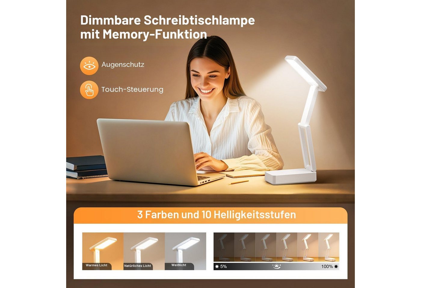 Vivitar LED Nachttischlampe Kabellose faltbare Schreibtischlampe dimmbar mit 3 Lichtfarben, das beste Geschenk für Kinder, Familie und Freunde, dimmbar mit 3 Lichtfarben: Warm, neutral, kühl, 45-Minuten-Timer, Licht-Speicherfunktion, tragbare LED-Leselampe/Nachttischlampe, wiederaufladbare mobile Lampe, für drinnen und draußen Bild 4