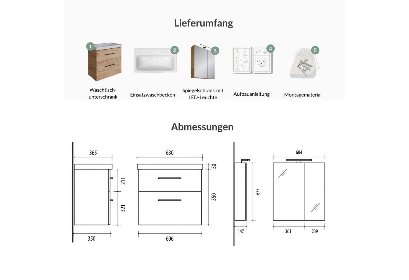 Planetmöbel Badmöbel-Set Badmöbel-Set mit Spiegelschrank 63cm, (Waschbeckenunterschrank, Spiegelschrank Bad mit Beleuchtung)
