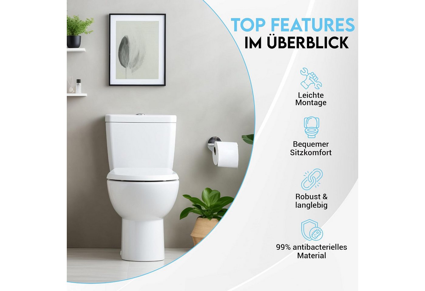 hausleben WC-Sitz 2er Set Toilettensitz mit Absenkautomatik aus Duroplast (2 teiliges Set, 2-St., 2er-Set bestehend aus zwei identischen WC-Sitzen inklusive Deckeln), Absenkautomatik (Soft Close), Abnehmbar per Knopfdruck (Quick Release) Bild 2