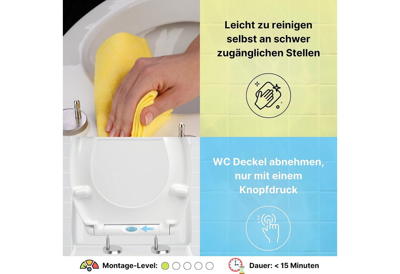 hausleben WC-Sitz 2er Set Toilettensitz mit Absenkautomatik aus Duroplast (2 teiliges Set, 2-St., 2er-Set bestehend aus zwei identischen WC-Sitzen inklusive Deckeln), Absenkautomatik (Soft Close), Abnehmbar per Knopfdruck (Quick Release) Bild 3
