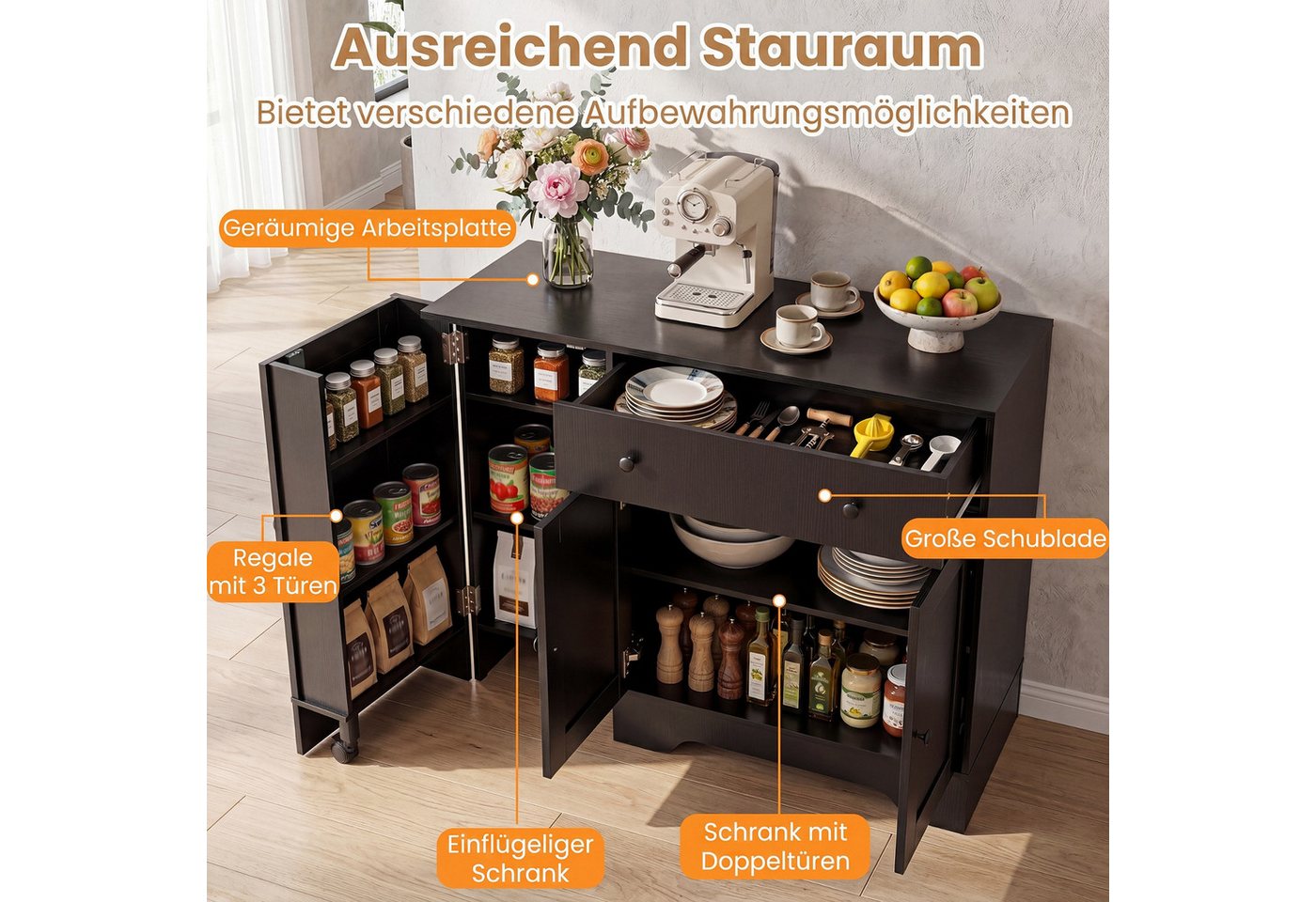 COSTWAY Küchenbuffet Sideboard mit Schublade & Regal auf Rollen 105x40x83 cm
