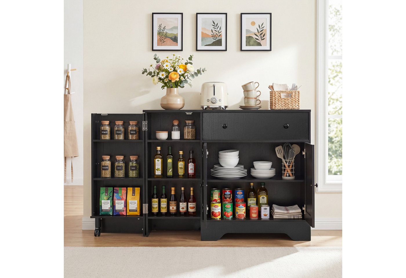 COSTWAY Küchenbuffet Sideboard mit Schublade & Regal auf Rollen 105x40x83 cm Bild 3