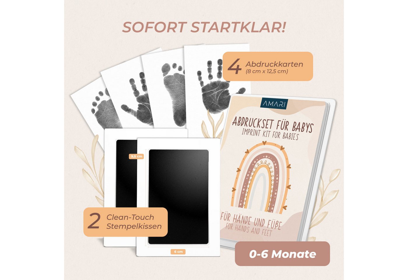 Amari Handabdruck-Set Baby Abdruckset Clean-Touch Stempelkissen, Handabdruck & Fußabdruck, 6-tlg., 2 Stempelkissen & 4 Abdruckkarten, ohne Tinte auf der Haut, Geschenk zur Geburt, Taufe & Babyparty