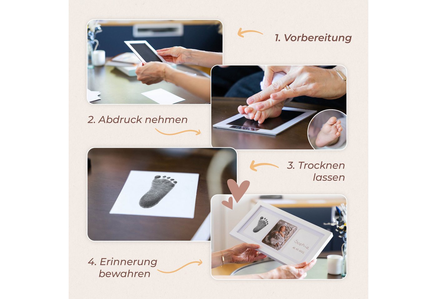 Amari Handabdruck-Set Baby Abdruckset Clean-Touch Stempelkissen, Handabdruck & Fußabdruck, 6-tlg., 2 Stempelkissen & 4 Abdruckkarten, ohne Tinte auf der Haut, Geschenk zur Geburt, Taufe & Babyparty Bild 3