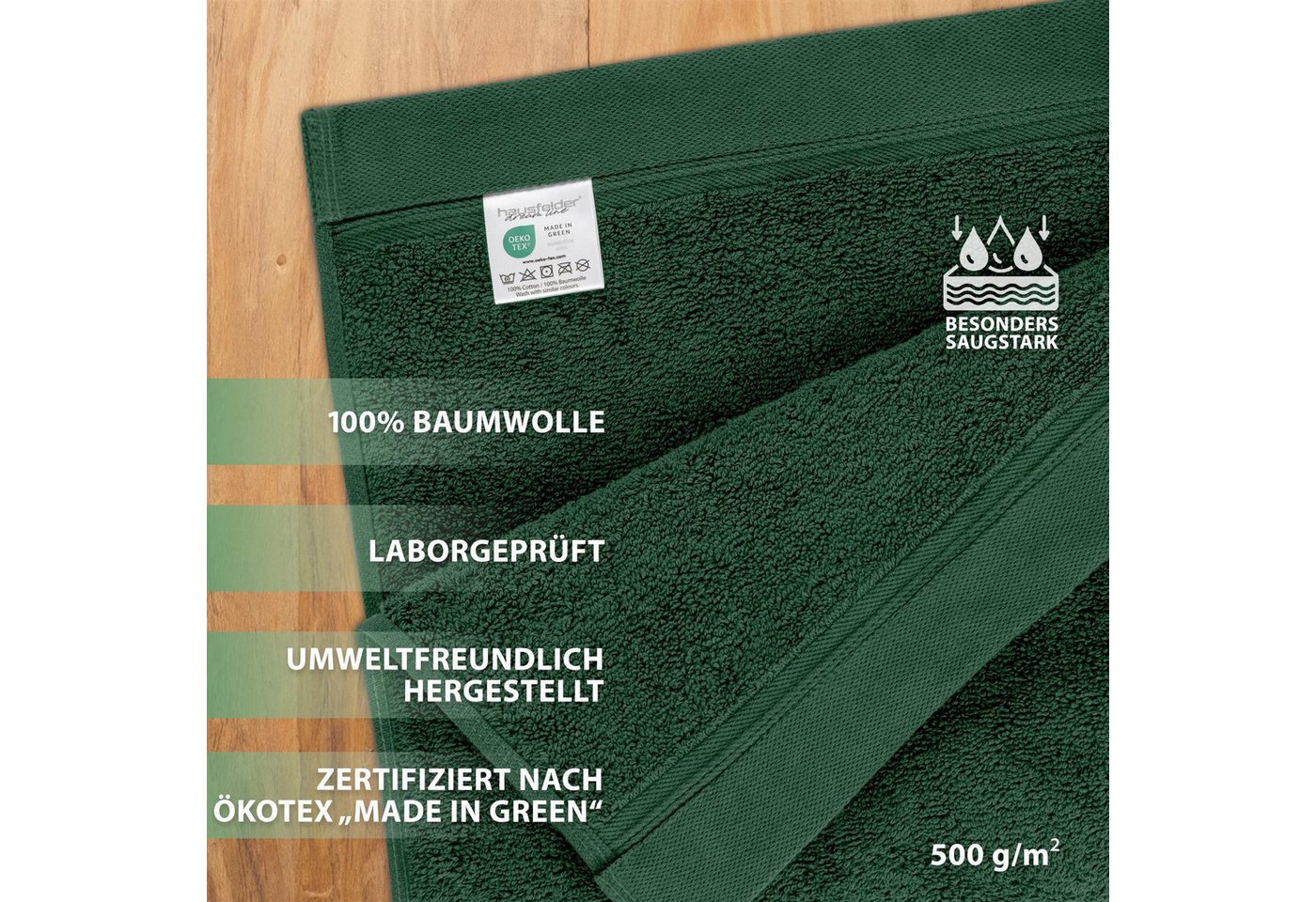 Hausfelder Saunatuch Premium Saunatücher 4er Set (Dunkelgrün, 4 Saunatücher, 80x200 cm), Baumwollfrottee (4-St), hautfreundlich, saugstark, 100 % Baumwolle Bild 3