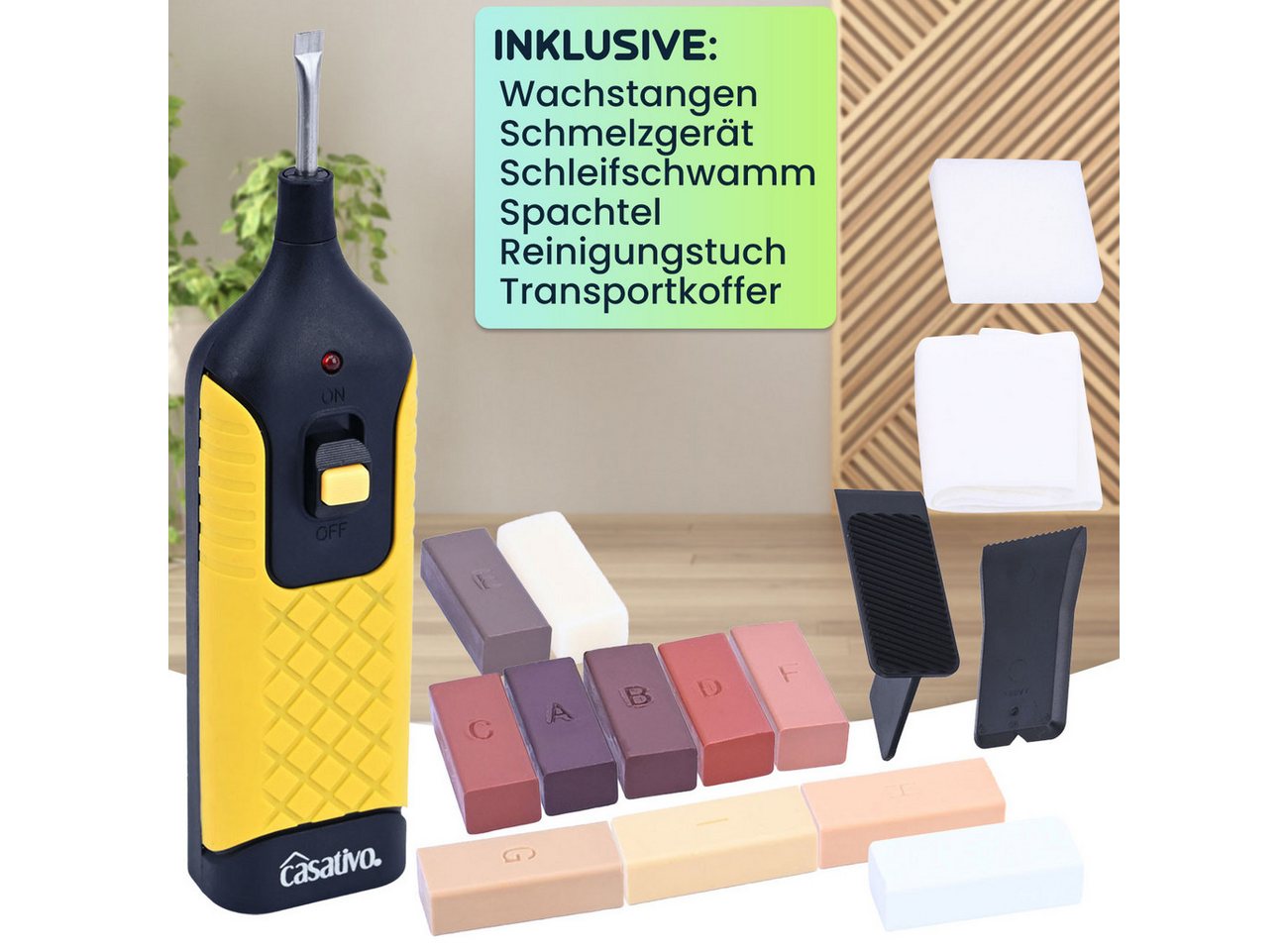 Casativo Boden-Reparaturset Bewährtes Reparaturkit für Holz-, Laminat- Kork- und Parkettböden, 11 verschiedene Farben, auch bei Holzmöbeln einsetzbar Bild 3