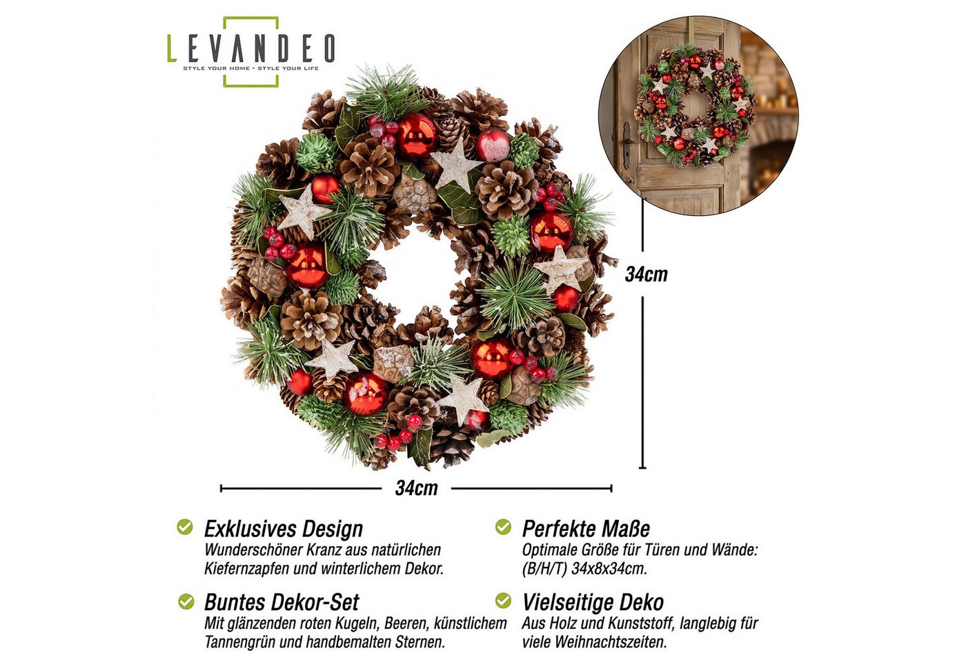 Levandeo® Adventskranz Weihnachtskranz 34cm Türkranz Tischdeko Weihnachten Zapfen Adventskran Bild 2