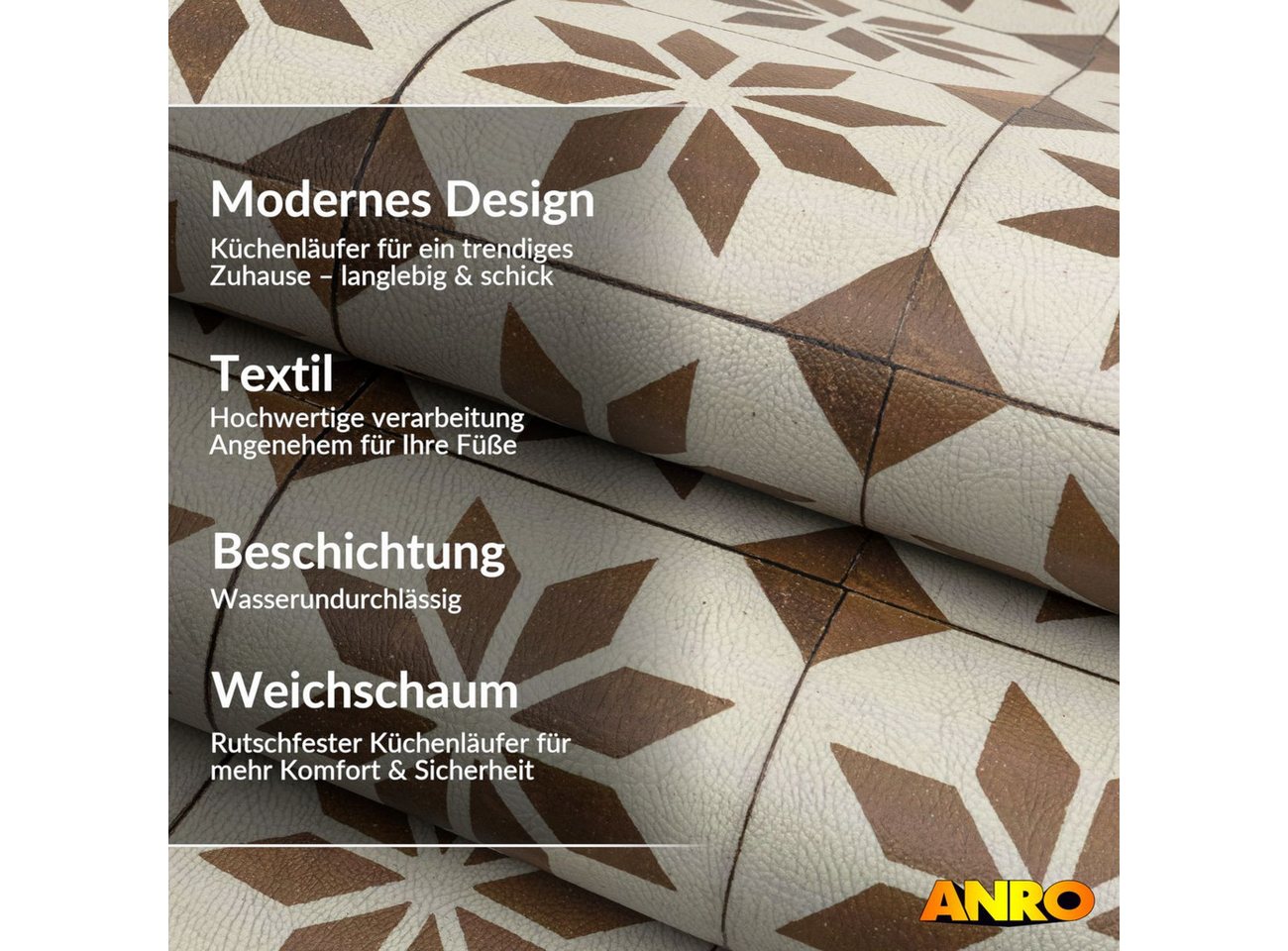 ANRO Küchenläufer abwaschbar BOHO LADY Läufer pflegeleicht Küchenteppich, Rechteckig, Höhe: 3 mm, robust schmutzabweisend 67x100cm Mediterranean Braun robust