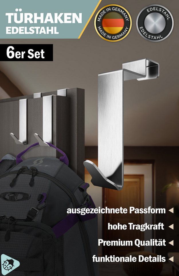 Lindenstein Türhaken Türhaken Innenseite Premium, Türen, (Packung, 6-St., 6), Ohne Bohren, rostbeständig, formstabil, belastbar