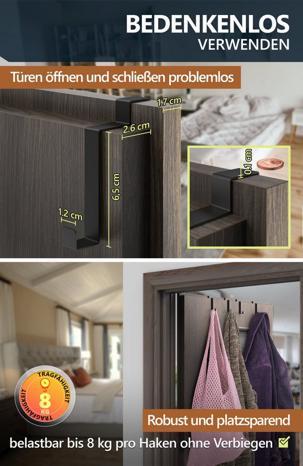 Lindenstein Türhaken Türgarderobe zum Einhängen, Türen, (Packung, 10-St., 10), Bohrfrei, rostbeständig, robust, formfest, langlebig Bild 2