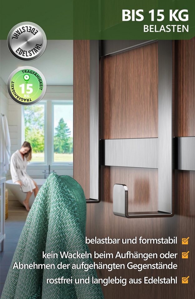 Lindenstein Türhaken Edelstahl Türhaken Innenseite, Türen, (Packung, 1-St., 1), Bohrfrei, belastbar, rostfrei, langlebig, formbeständig